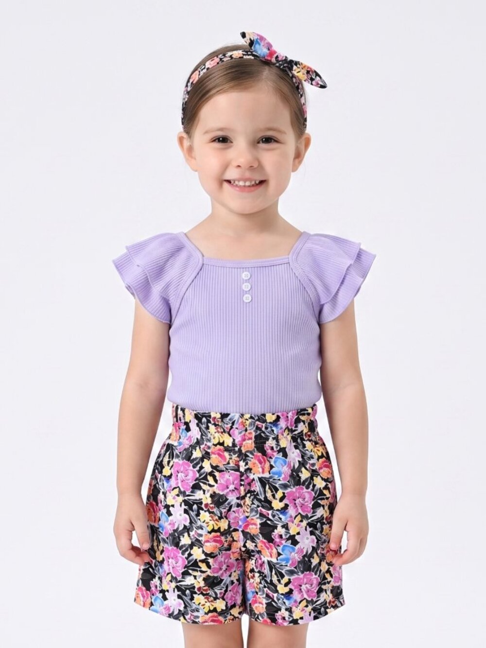 NWOT | Lavender Purple Ribbed Flutter Sleeve Top & Floral Shorts 3pc Set | 4-5Y